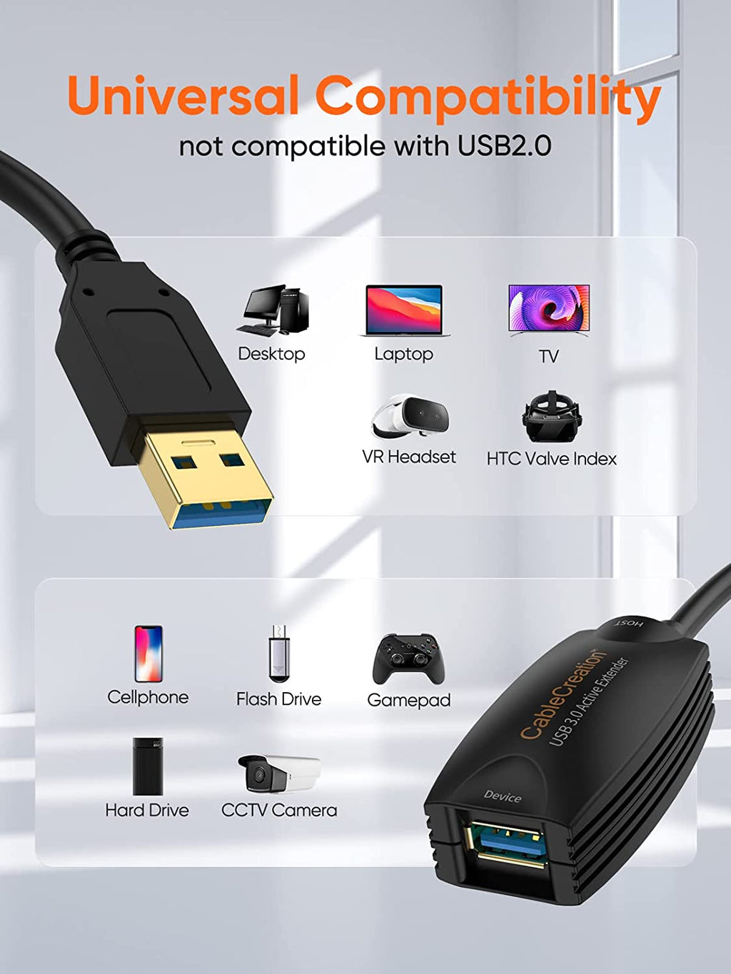Active USB Extension Cable (Long 16.4 FT), USB 3.0 Extender Male to Female Cord with Signal Booster Compatible Oculus Rift Sensor, Oculus Quest/Quest 2 VR, Xbox One, Etc. 5 Meters